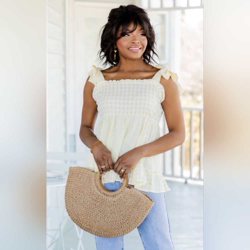 NWOT yellow Gingham Womens Top Tank Flowy Bow Tie Strap Pink Lily Boutique Small